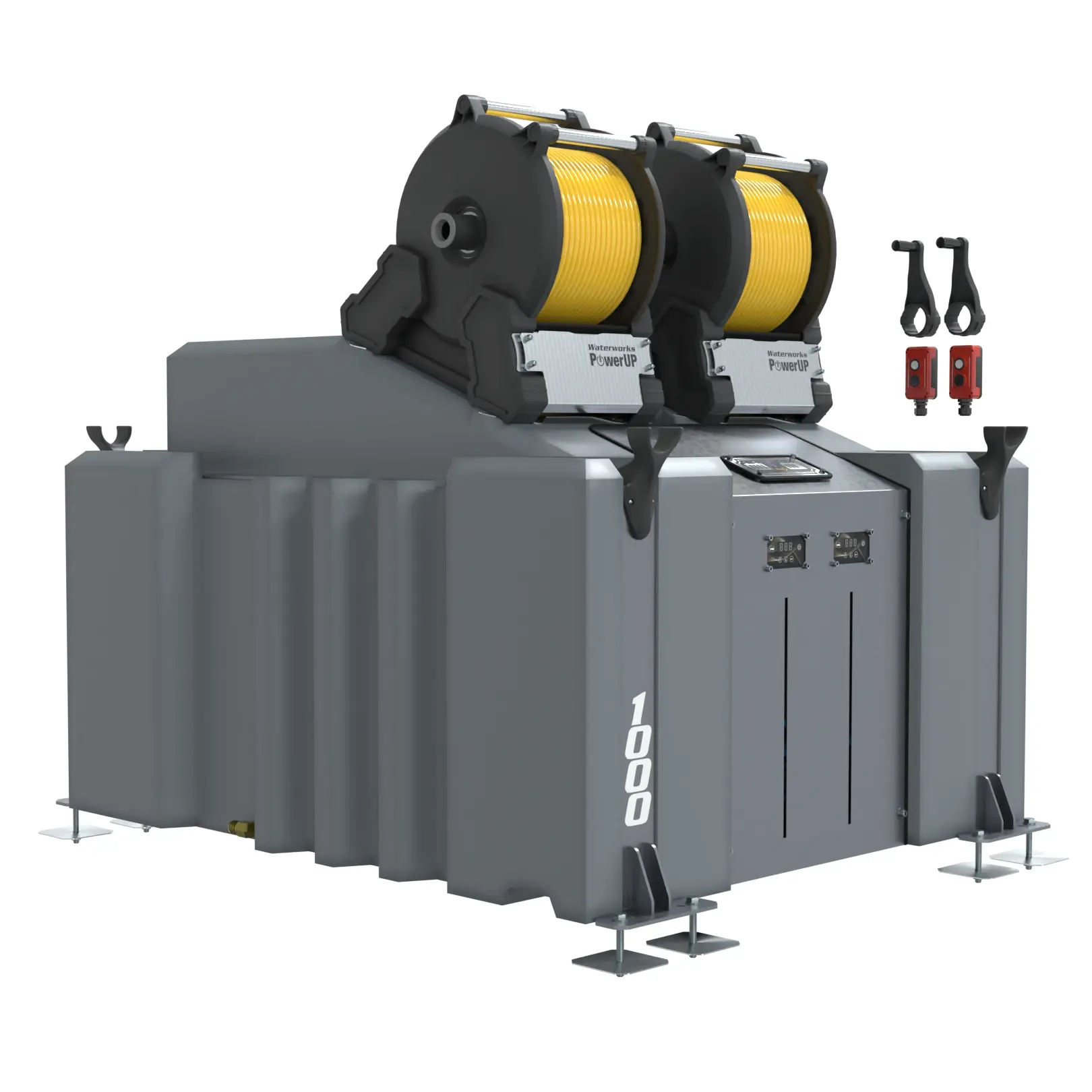 The 2 Man 1000L Window Cleaning Pole System (Delivery) with Electric Reels features a grey body, digital control panel, two yellow electric reels on top, and four stabilising feet for heavy-duty window cleaning operations.