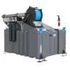 A large, industrial grey machine labelled 1 Man 1000L WFP System (Reverse Osmosis) with a PowerUP Electric Reel on top, metal supports at the base, control panels, and attachments, designed as a high-capacity van mounted window cleaning system.