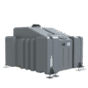 The 1000L Tank, Frame and Door Platform is a large grey ribbed storage tank for WFP or Van Mounted Systems, with metal supports, top hatch, digital display panel, and "1000" marked vertically on one side.