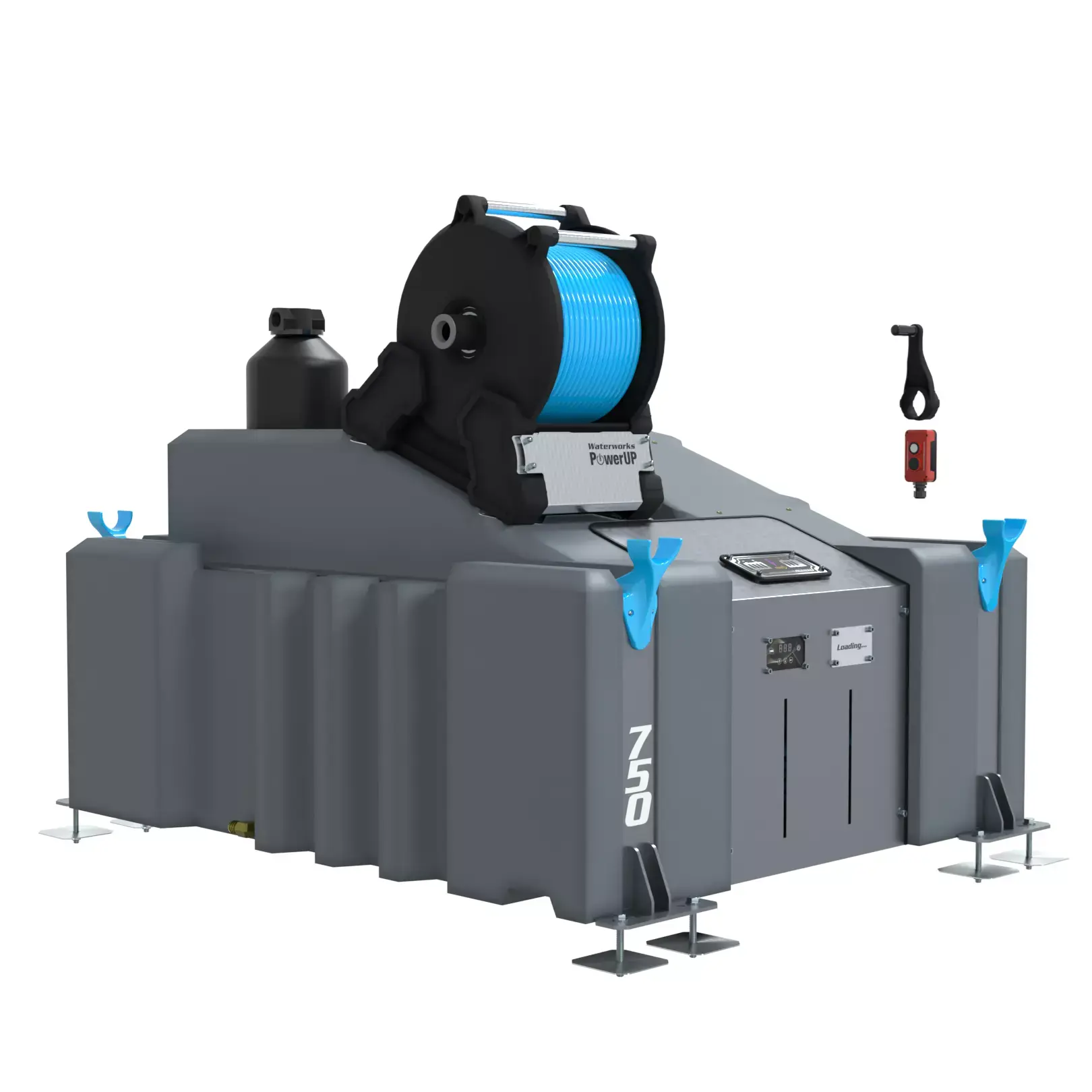 The 1 Man 750L Buy Window Cleaning System (DI) with Electric Reel is a large grey winch machine featuring a blue cable spool, "750" label, multiple control panels, brackets, and metal stabilisers for window cleaning support.