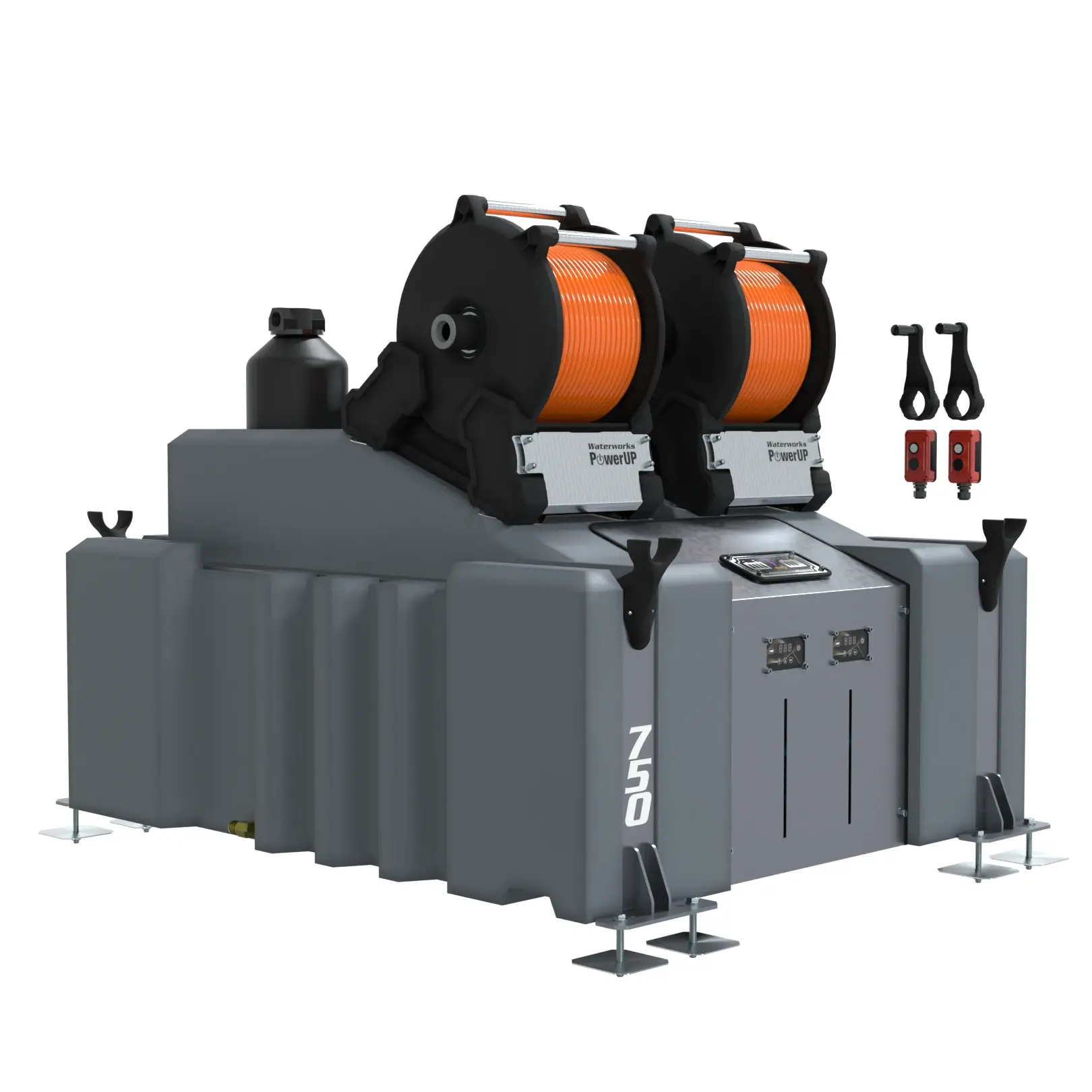 The 2 Man 750L Water Fed Pole System (DI) with PowerUP Electric Reels features a robust grey design with twin orange electric cable reels, handles, gauges, and support legs—perfect for professional window cleaning operations.