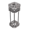 A 3D-rendered image of the PowerUP Security Pulley Through Floor Roller Guide 4-Way, featuring hexagonal plates linked by four rods and rollers at both ends, showcases a metallic design inspired by industrial window cleaning systems.