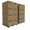 Two pallets with cardboard boxes labelled Waterworks Manual Hose Reel LHW or RHW, compatible with any Window Cleaning System, are neatly stacked in columns on black plastic pallets against a plain, light background.
