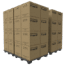 Three pallets stacked with brown boxes labelled "Waterworks Manual Hose Reels LHW or RHW" are ready for distribution. The pallets are neatly arranged on a plain, light background.